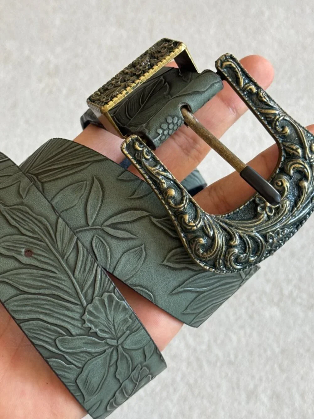 Olive Floral Embossed Western Belt